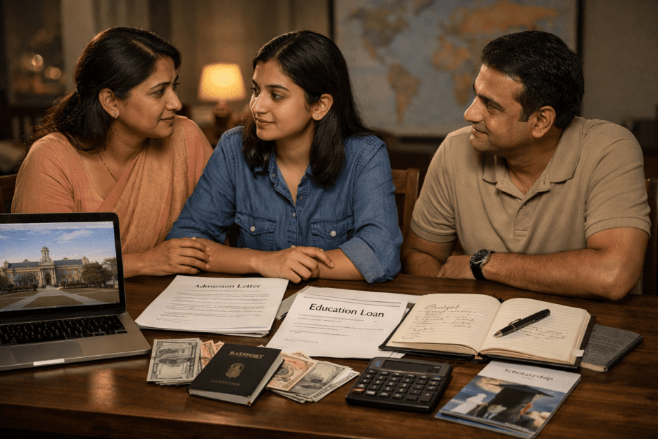 Indian parents sitting with their college-age child at a dining table, planning study abroad finances with admission letter, education loan documents, passport, laptop, and world map in the background.